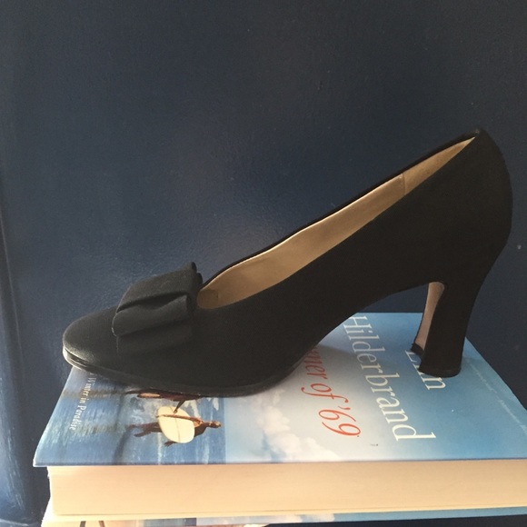 Saks Fifth Avenue Shoes - Black Satin Tuxedo Bow Pumps Chunky Heel